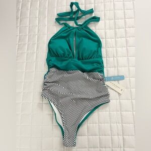 Cupshe One-Piece solid turquoise top and back and white stripes bottom XS